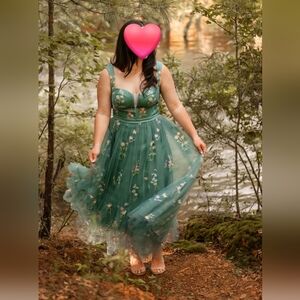 Green embroidered tulle corset dress for portraits